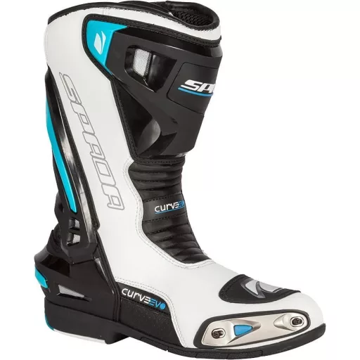 SPADA Curve Evo sport motoros csizma – fehér/fekete/türkiz, verseny stílusú, protektoros motoros csizma, EU 46