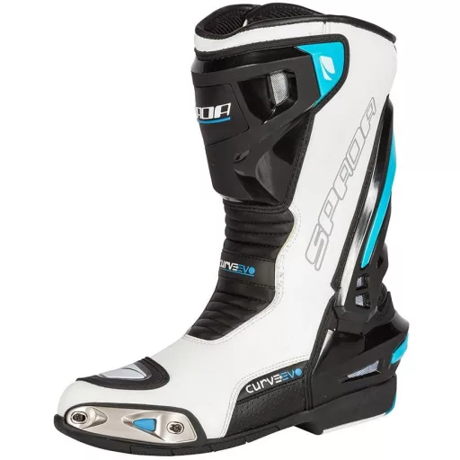 SPADA Curve Evo sport motoros csizma – fehér/fekete/türkiz, verseny stílusú, protektoros motoros csizma, EU 46